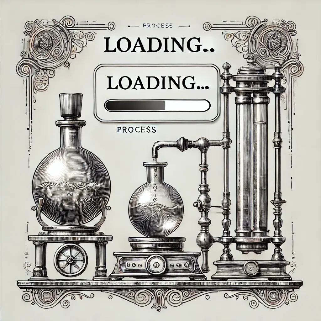 Illustration détaillée d'un appareil de distillation alchimique avec une barre de progression "Loading..." et des éléments décoratifs minimalistes