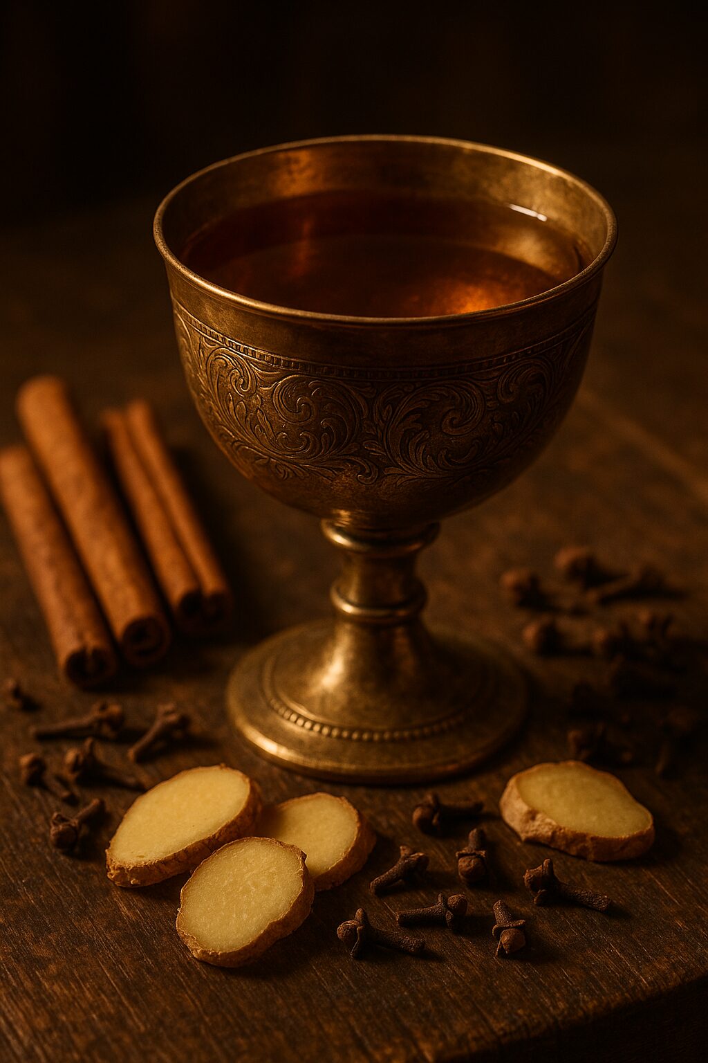 Coupe dorée de vin épicé entourée de cannelle, clous de girofle et gingembre – Boissons de l’Alchymiste.