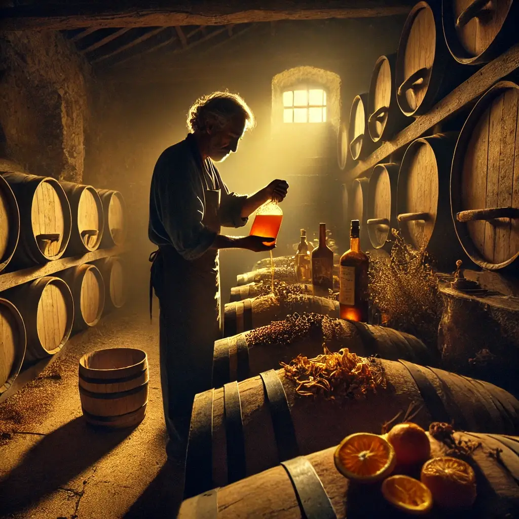 Vigneron dans une cave traditionnelle examinant un vin doré à la lumière d'une fenêtre.