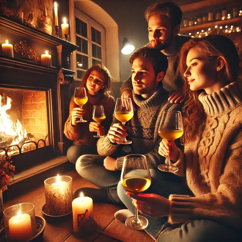 Groupe d'amis dégustant du vin autour d'une cheminée allumée, dans une ambiance chaleureuse.