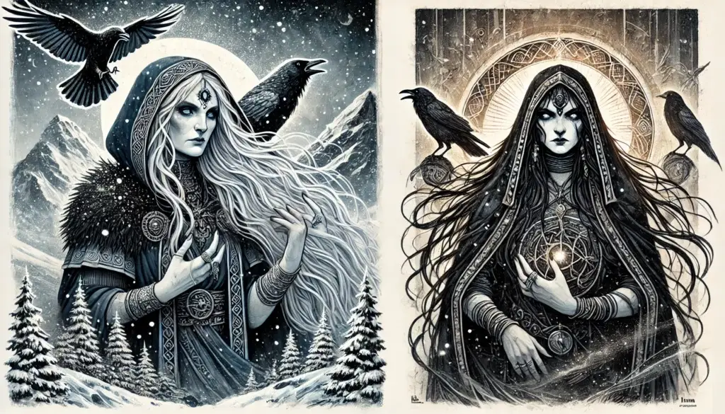 Portrait de Cailleach et Morrigan, déesses de Samhain, entourées de corbeaux et symboles mystiques