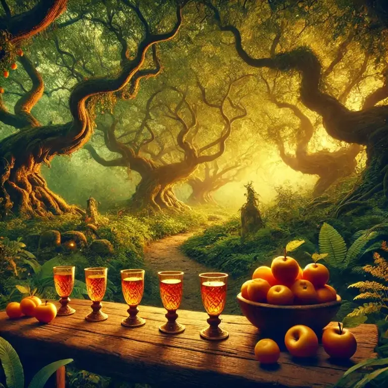 Scène mystique du Jardin des Hespérides avec verres de vin et fruits dorés.