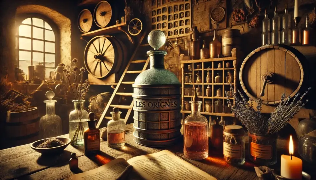 Atelier alchimique avec des fioles, un grand flacon nommé "Les Origines", et divers objets d'apothicaire.