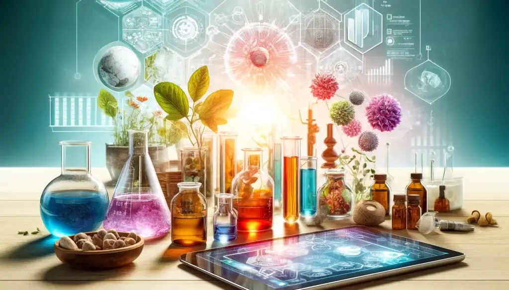 Scène d'alchimie moderne avec des fioles colorées, des plantes, des fleurs et une tablette numérique.