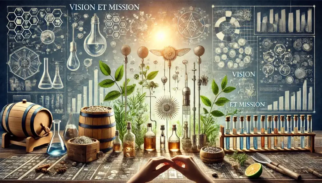 Illustration de la vision et mission alchimique avec des fioles, plantes, et schémas scientifiques