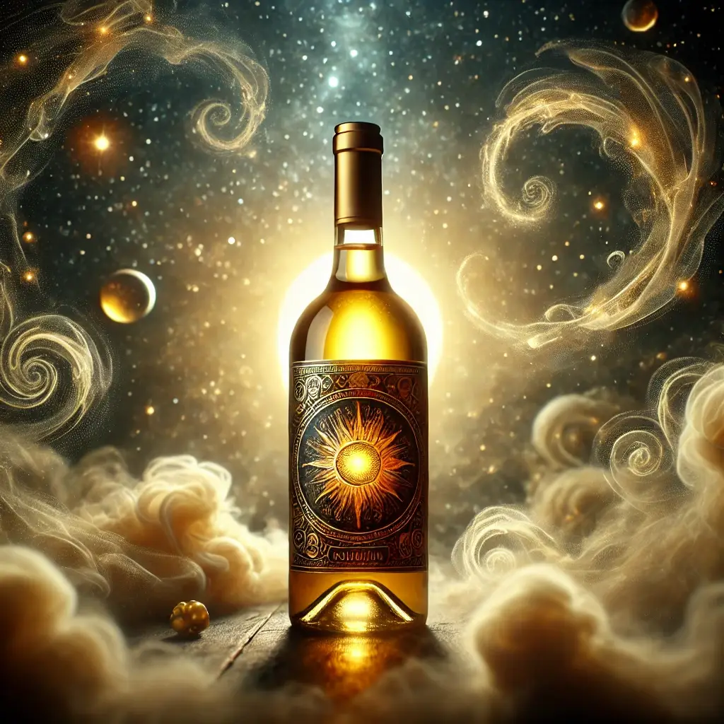 Bouteille de vin captivante entourée d'une aura dorée et cosmique.