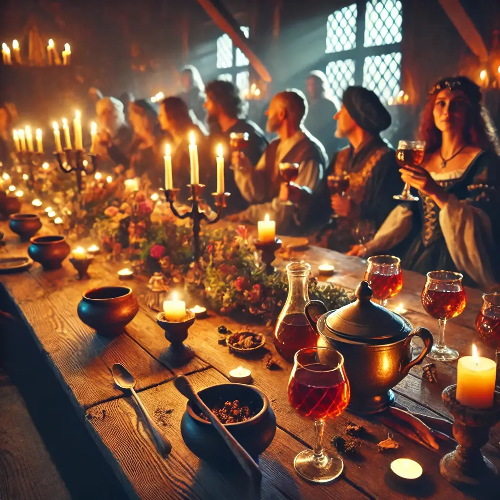 Banquet médiéval avec invités célébrant autour d'une longue table illuminée de chandelles.