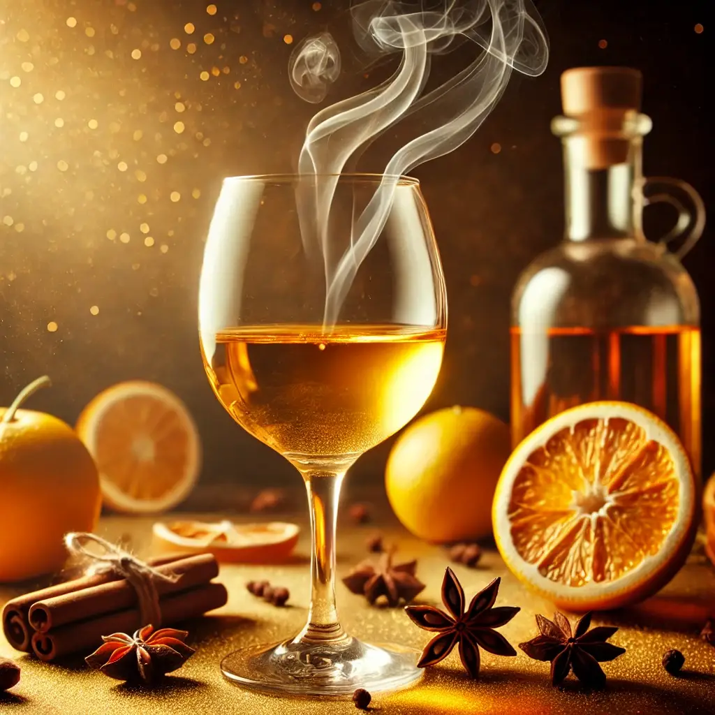 Verre de vin doré entouré d'agrumes et d'épices, avec de la vapeur s'élevant.