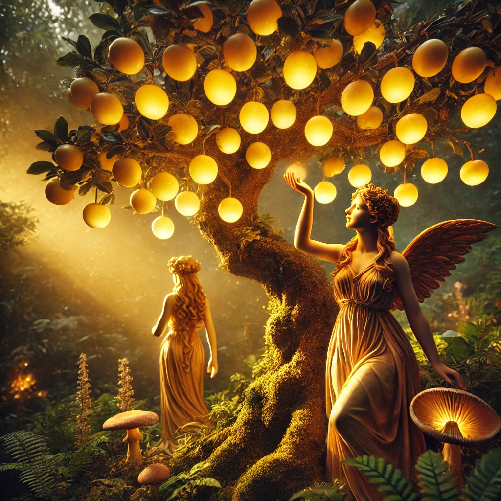 Nymphe dans le jardin des Hespérides cueillant des fruits dorés.