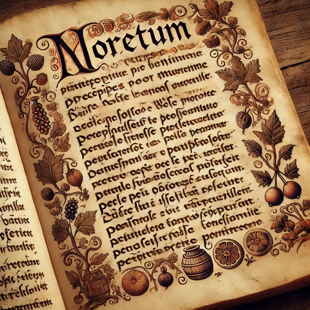Manuscrit médiéval illustré avec une recette de Moretum, orné de fruits et motifs végétaux.