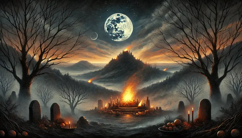 Paysage mystique de Samhain avec une pleine lune, un feu sacré et des offrandes devant des pierres ancestrales