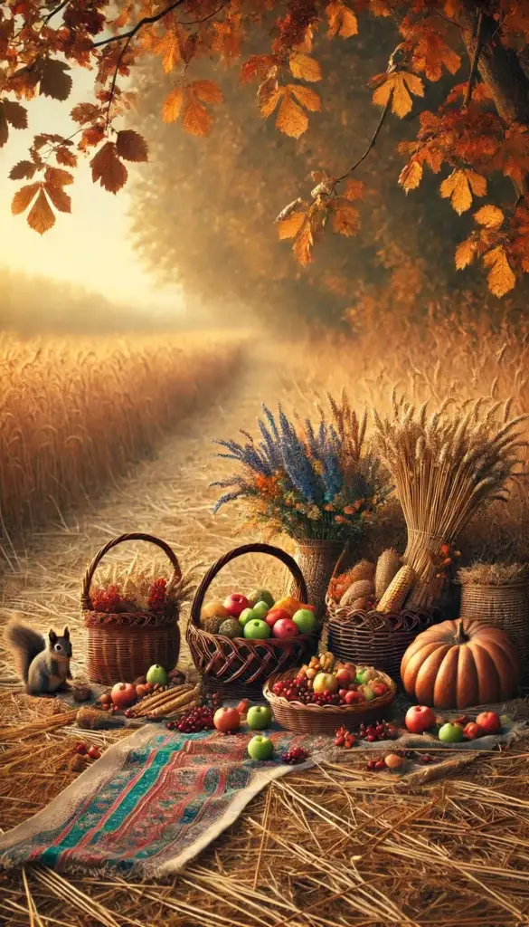 Panier de récoltes d'automne pour Samhain avec fruits, blé et citrouille dans un champ ensoleillé