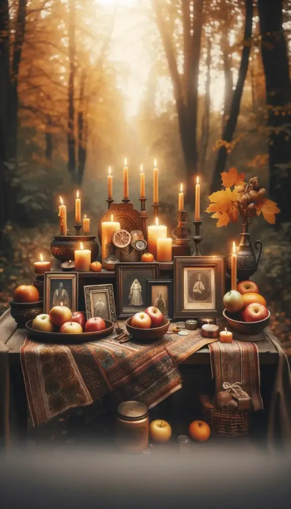 Autel de Samhain avec des bougies, des pommes et des photos d'ancêtres dans une forêt automnale