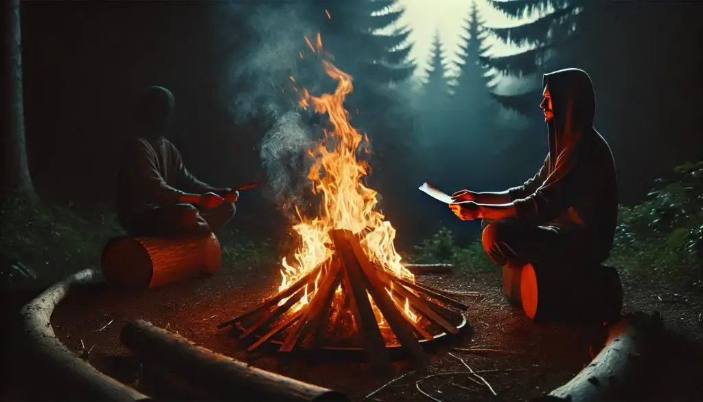 Rituel de purification par le feu pour Samhain avec deux personnes autour d'un feu de camp dans la forêt