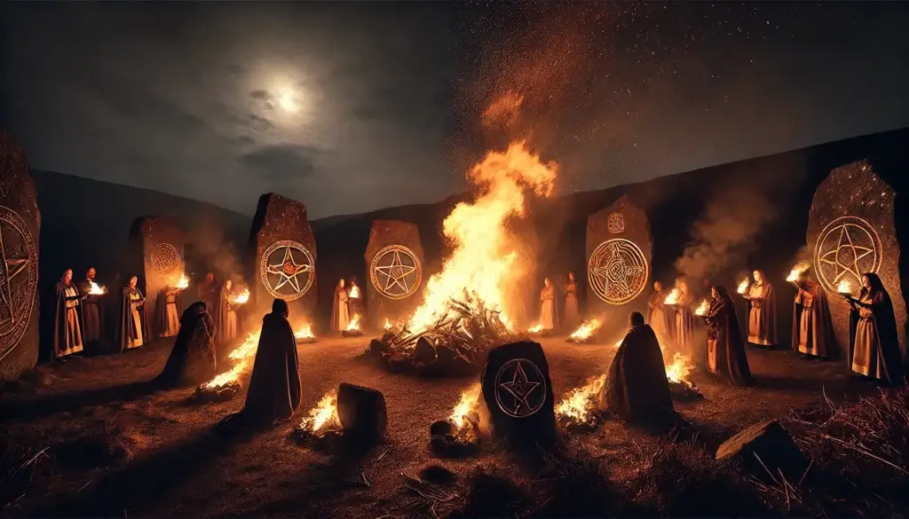 Cérémonie de Samhain autour du feu sacré avec des druides et des symboles gravés sur des pierres