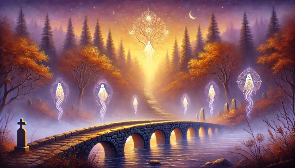 Pont spirituel vers Samhain avec des esprits lumineux et une forêt d'automne sous un ciel étoilé