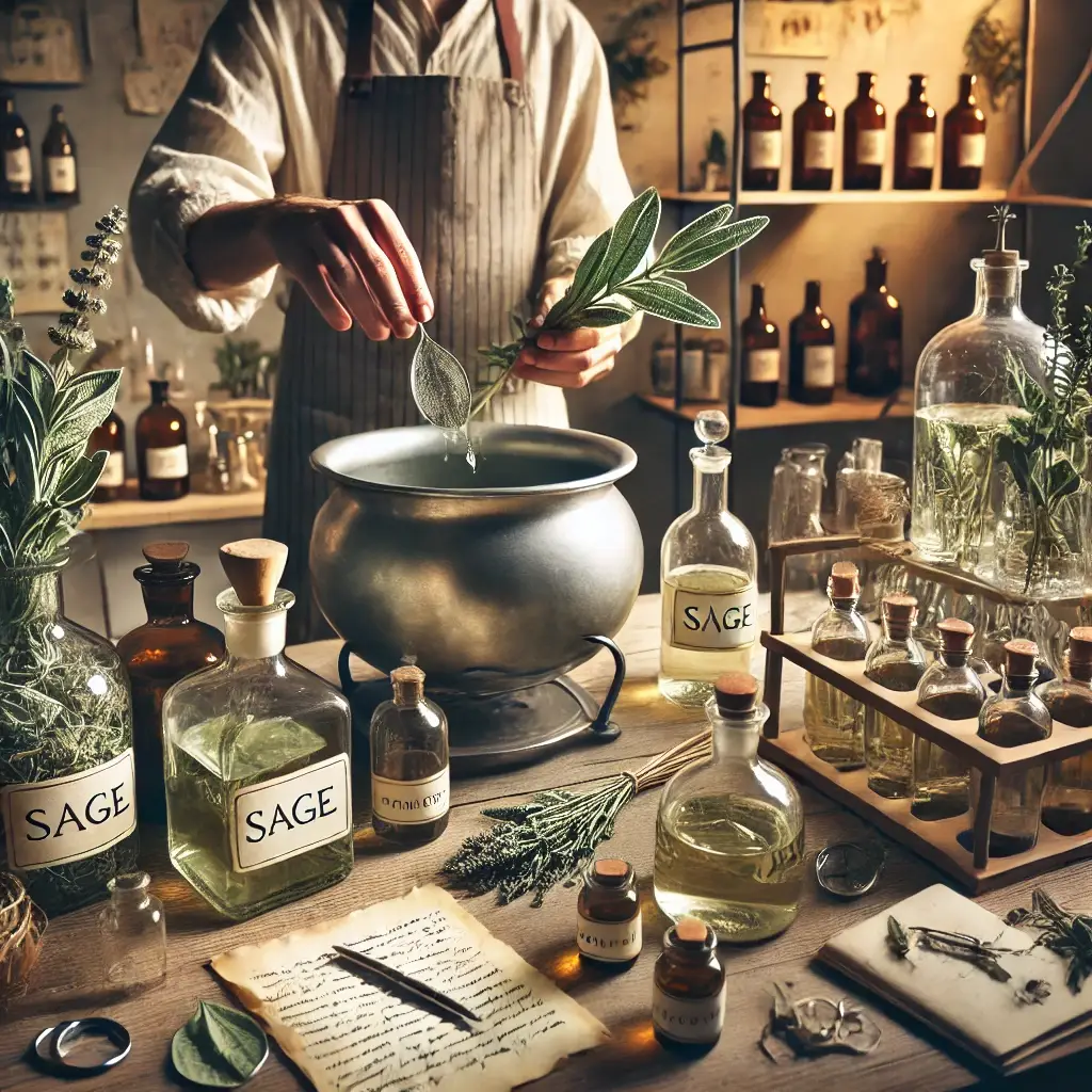 Alchimiste préparant une potion à base de sauge dans un atelier avec des bouteilles d'extraits de sauge.