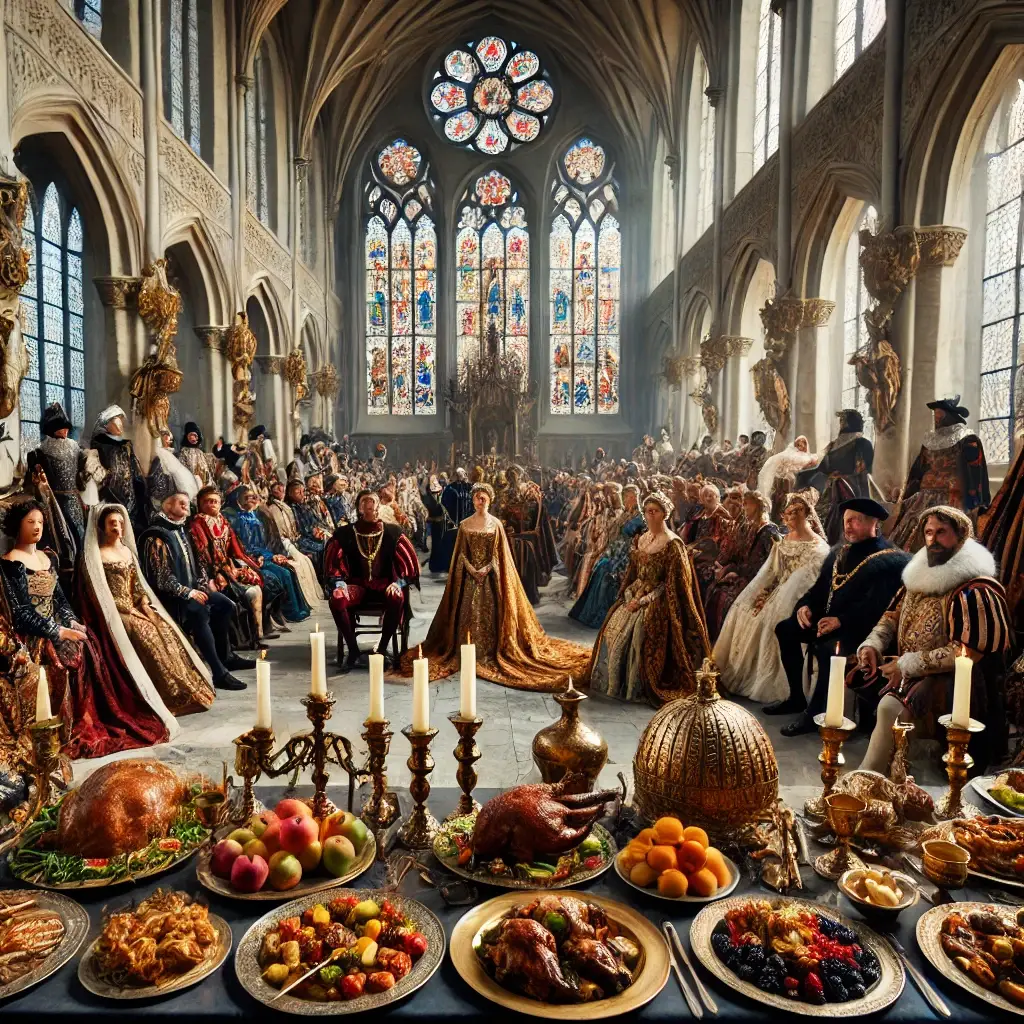 Un grand banquet royal dans une cathédrale gothique, avec des convives en tenues d'apparat, un festin opulent servi sur une longue table, et des vitraux en arrière-plan.