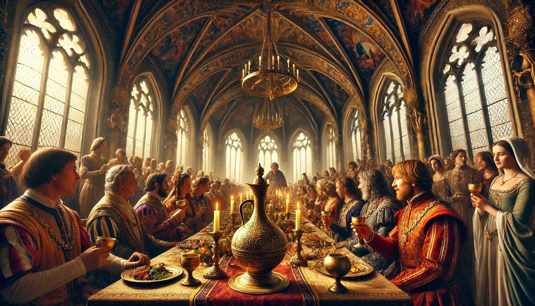 Un grand banquet royal médiéval dans une salle ornée, avec des chandelles et des invités dégustant de l'hypocras, symbole de richesse et de convivialité.