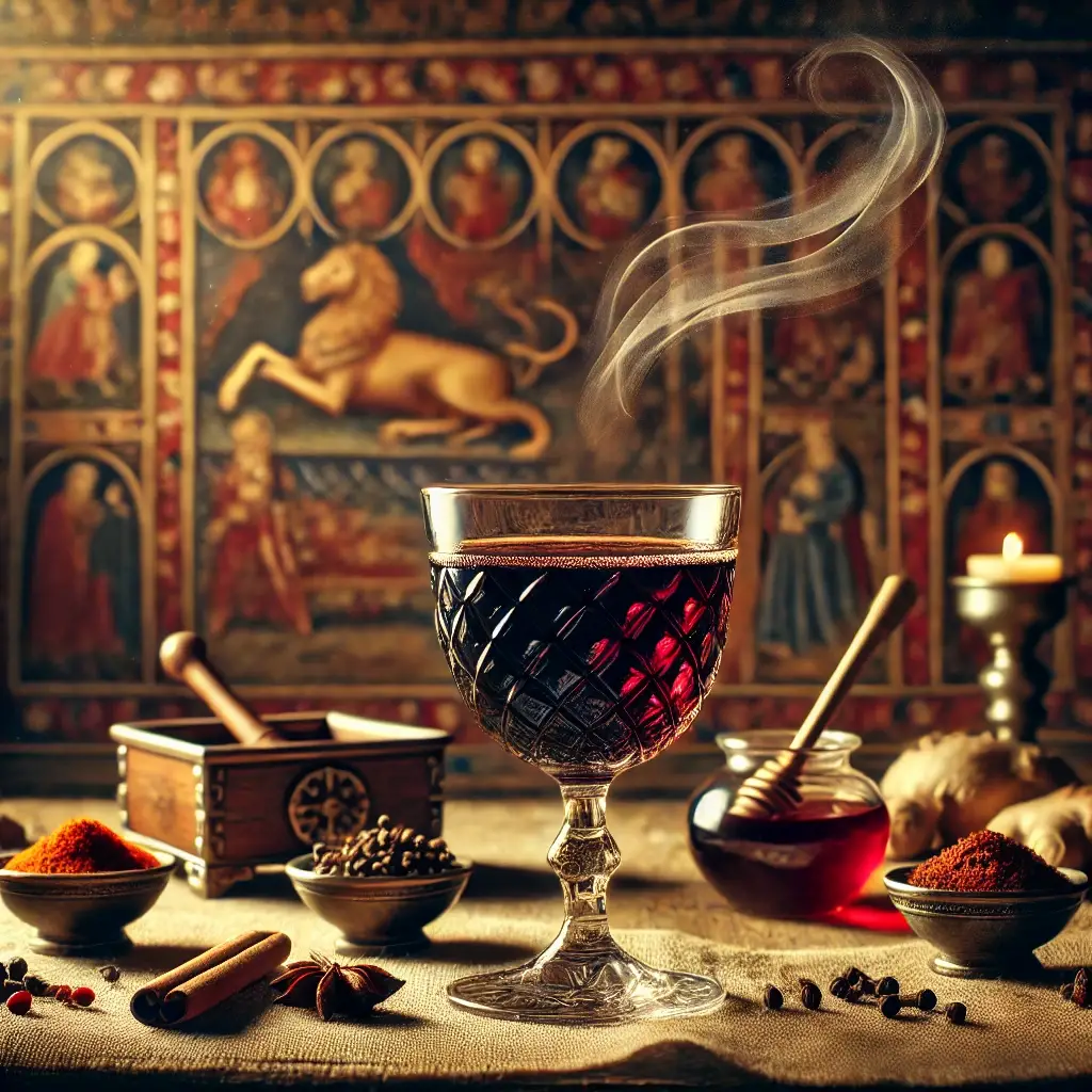 Gobelet de boisson épicée entouré d'épices et de miel, avec une fresque médiévale en arrière-plan.