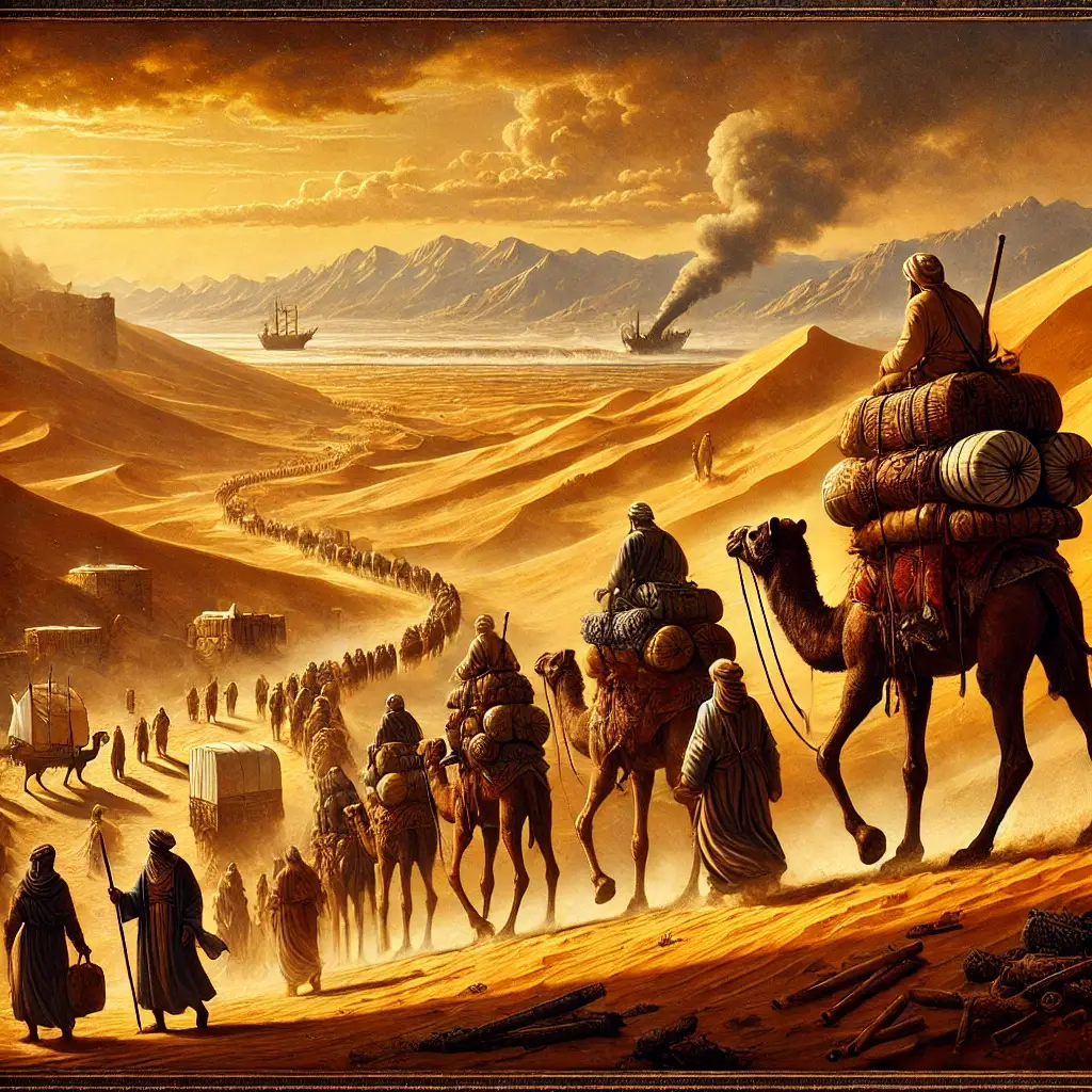 Caravane traversant le désert sur les anciennes routes des épices, avec des dromadaires chargés de marchandises exotiques.