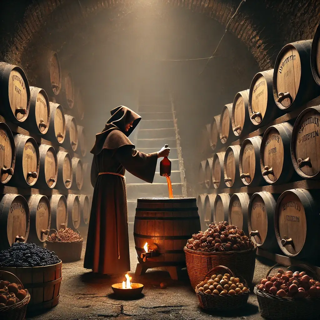 Moine dans une cave médiévale, remplissant un tonneau de vin, entouré de barriques et de fruits sauvages.