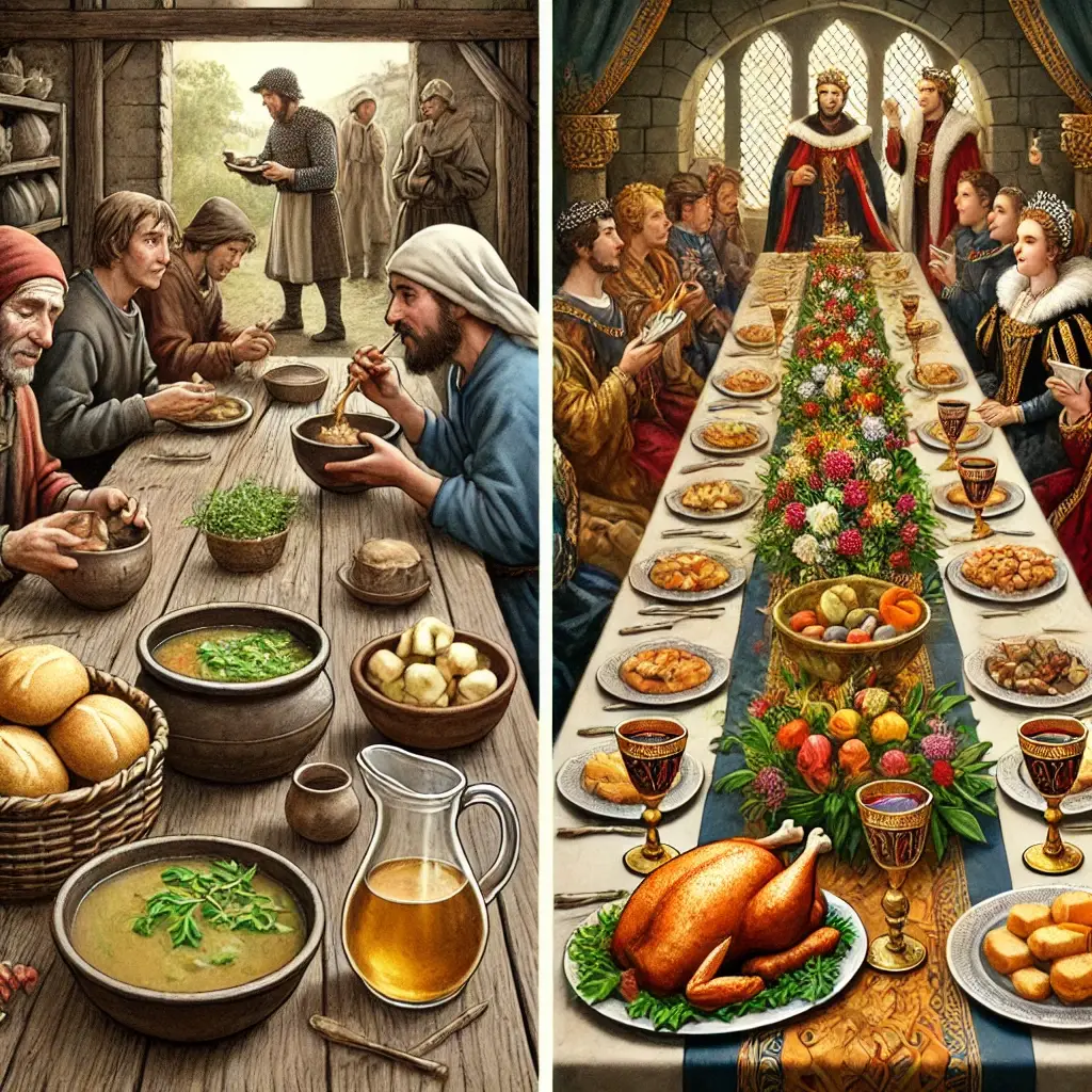 Contraste entre un repas paysan simple et un festin royal médiéval, représentant la différence des classes sociales à l'époque des épices.