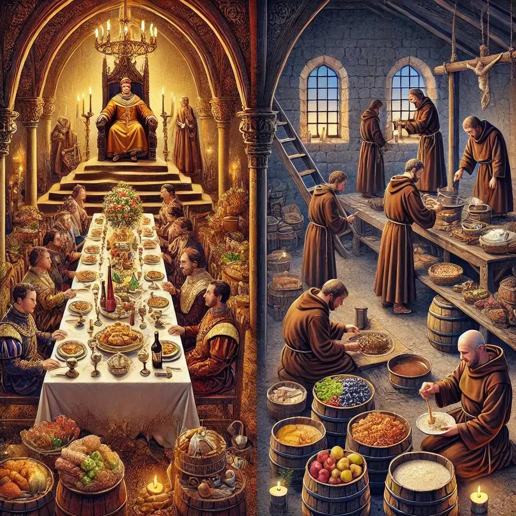 Scène médiévale contrastée entre un banquet royal somptueux et des moines travaillant dans une cuisine monastique.