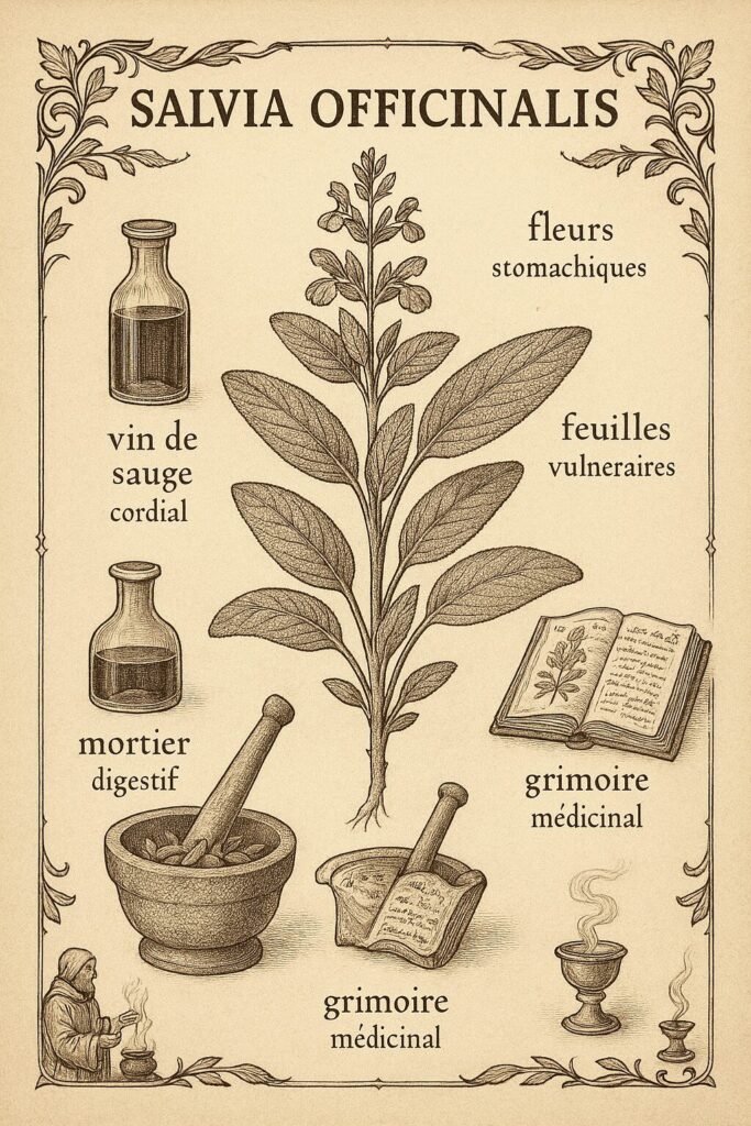Illustration botanique de la sauge, ses usages médicinaux, spirituels et son infusion dans le vin