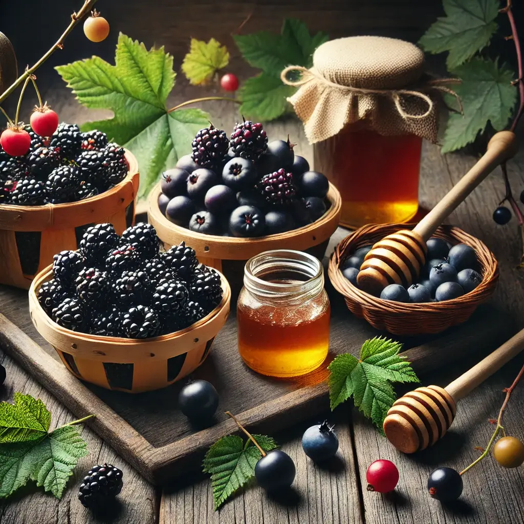 Fruits sauvages et miel utilisés pour le vin Moretum médiéval, avec des mûres, prunelles, et pot de miel sur une table en bois.