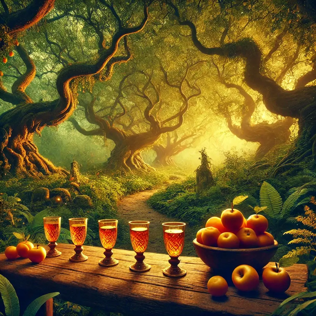 Scène mystique du Jardin des Hespérides avec verres de vin et fruits dorés.
