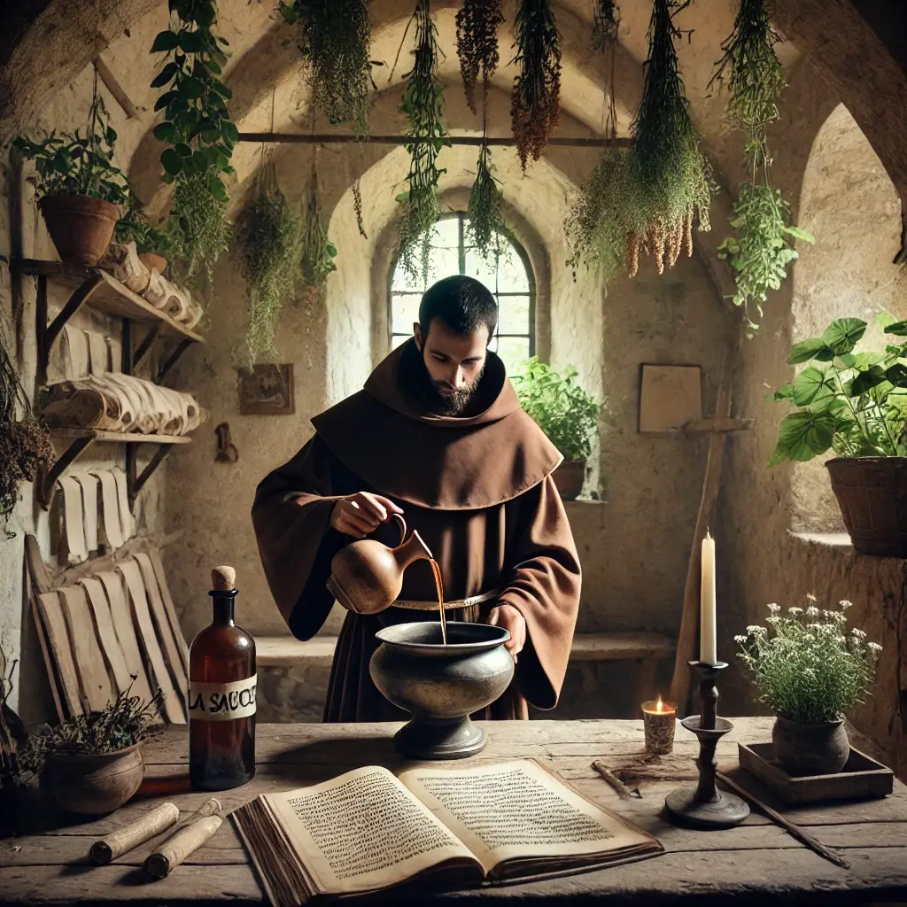 Moine en habit traditionnel préparant une potion avec une bouteille étiquetée "La Saugée" dans un ancien monastère