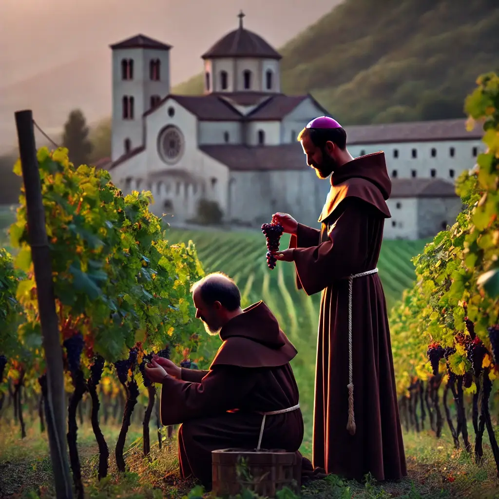 Moines bénédictins récoltant des raisins dans un vignoble près d'un monastère médiéval.