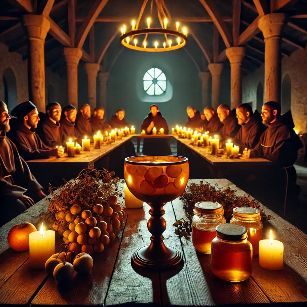 Moines rassemblés autour d'une table illuminée par des bougies, avec un grand calice et des ingrédients de vin médiéval.