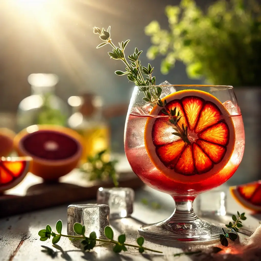 Cocktail rafraîchissant à base de vin de quinquina dans un verre ballon, garni d’une tranche d’orange sanguine et d’une branche de thym.