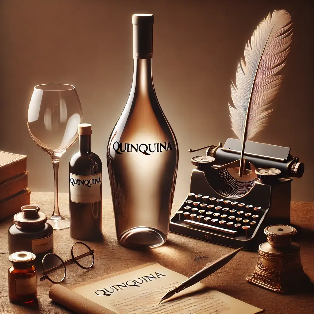 Bouteille de vin de quinquina avec des accessoires rétro, comprenant une plume, une machine à écrire, et des objets d’apothicaire.