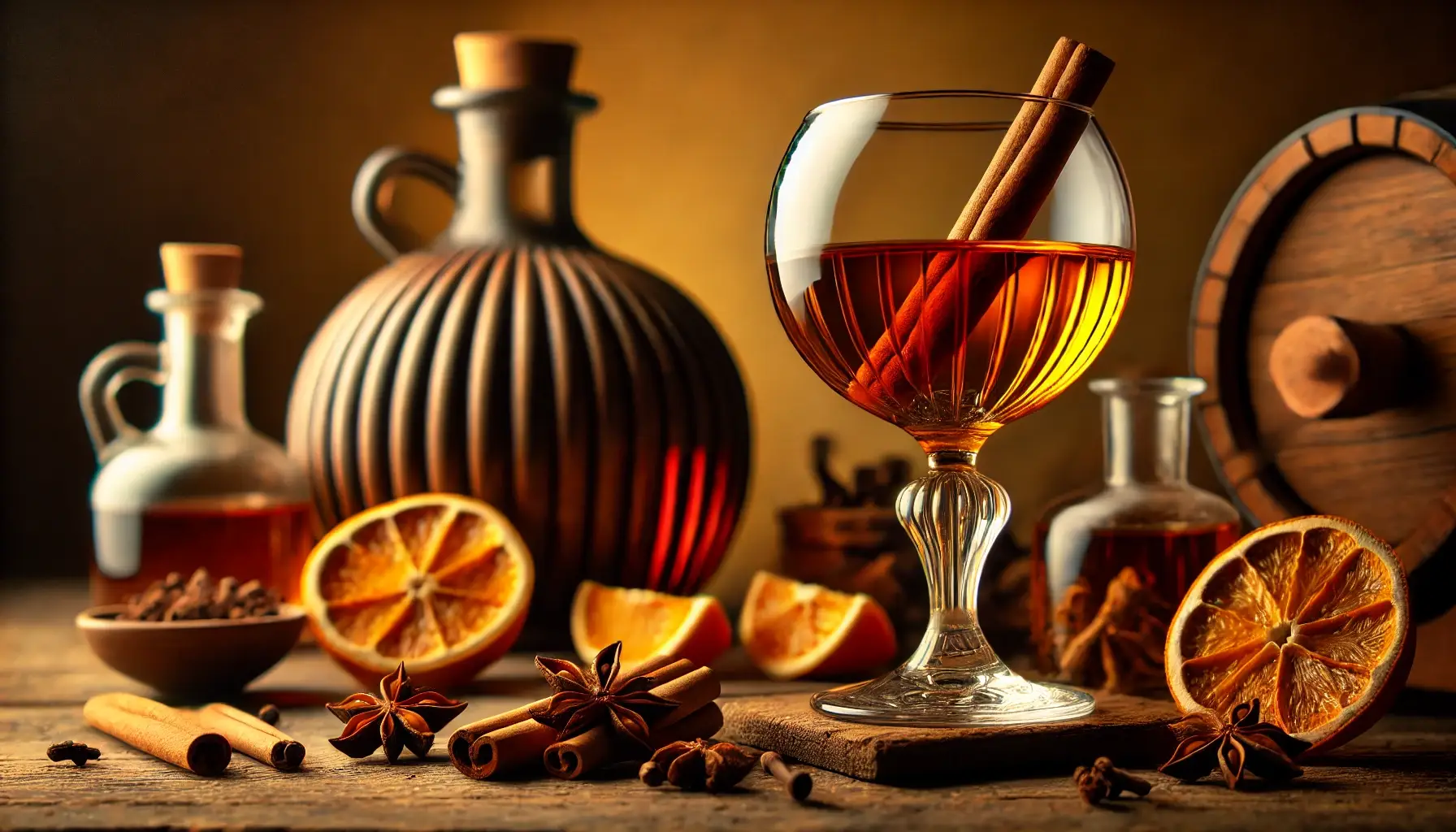 Verre élégant de vin de quinquina ambré sur une table rustique, entouré d'écorces, d'oranges confites et d'épices.