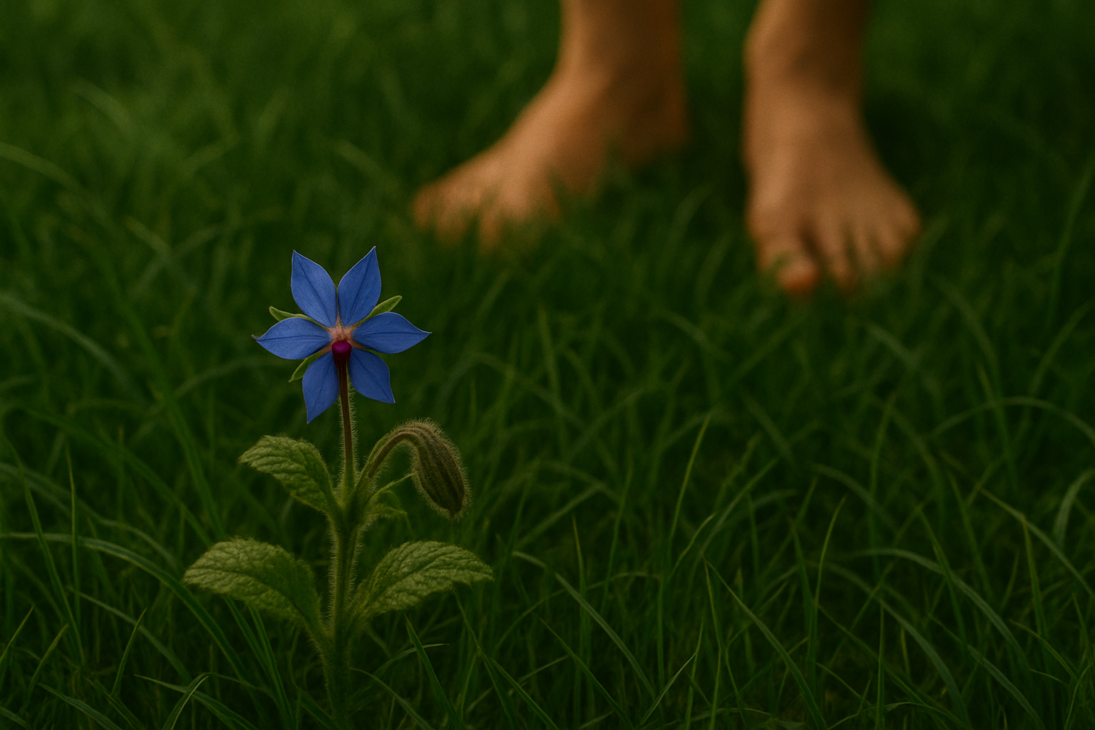 Fleur bleue dans l'herbe avec des pieds nus en arrière-plan — symbole de floraison intérieure et de connexion à la terre