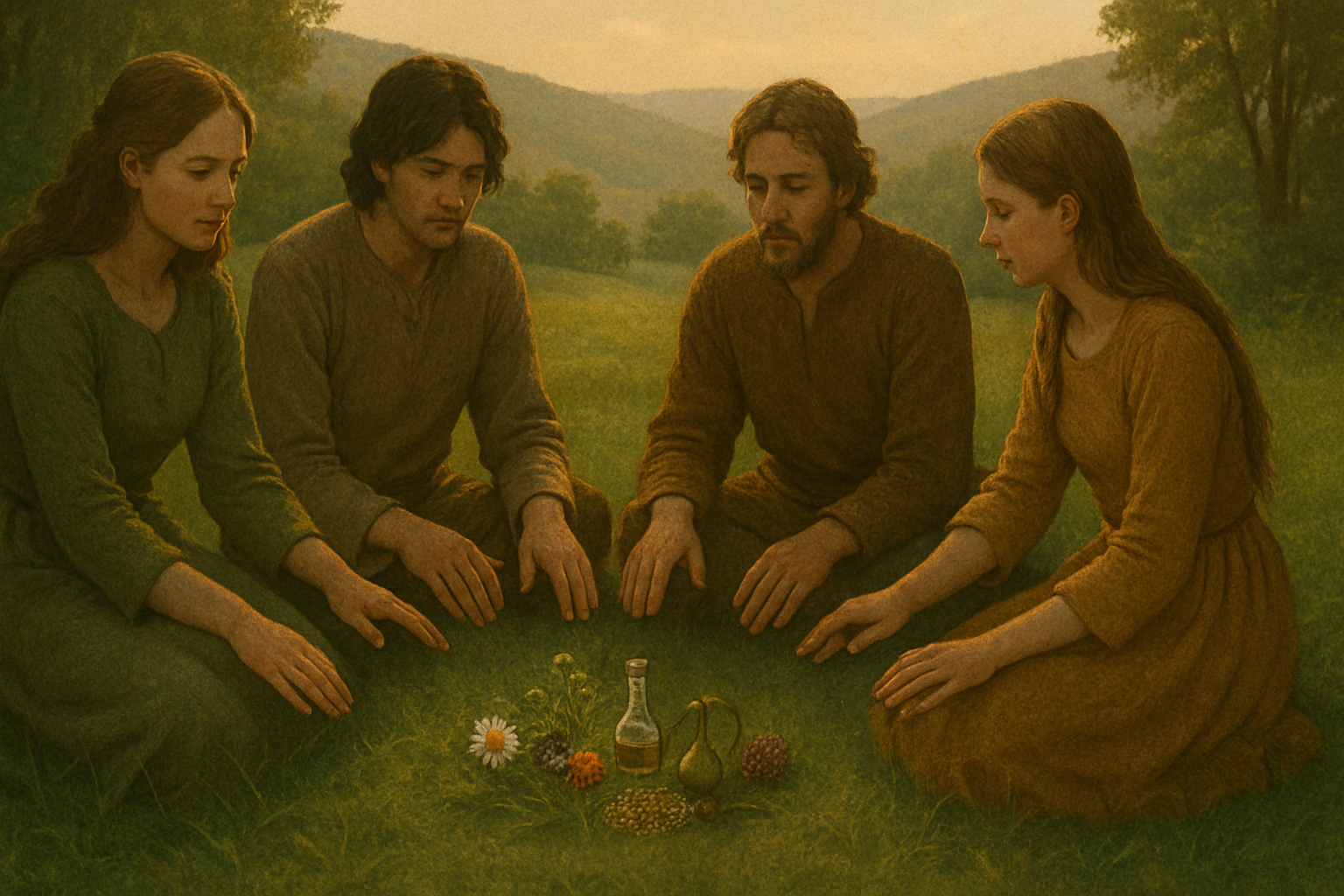 Cercle de personnes réunies autour d'offrandes naturelles dans l'herbe, rituel collectif de Beltaine