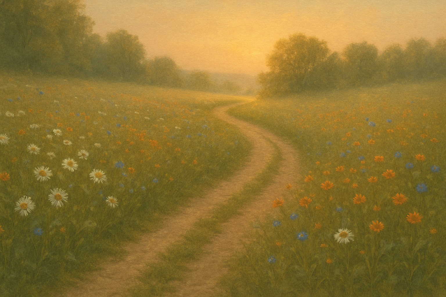 Chemin serpentant à travers une prairie fleurie au coucher du soleil, symbole du passage de Beltaine