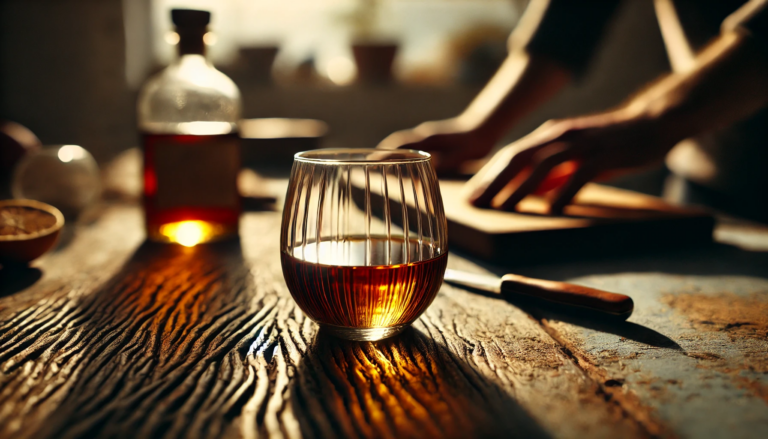 Geste lent autour d’un verre, lumière dorée, moment de passage