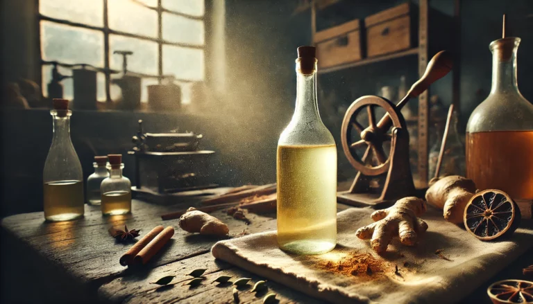 Bouteille de vin blanc infusé aux épices posée sur une table d’atelier, entourée de gingembre, cannelle, cardamome et agrumes séchés, dans une lumière chaude et artisanale.