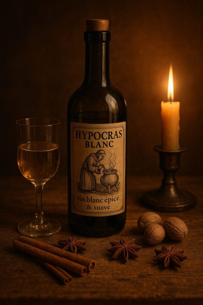 Verre et bouteille d’hypocras blanc posés sur une table avec épices médiévales