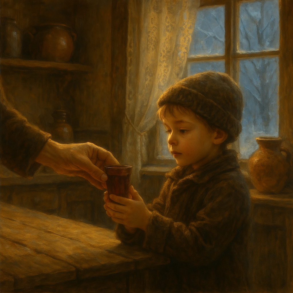 Un enfant en manteau d’hiver reçoit un petit verre de la main d’un adulte, dans une lumière dorée, scène intime et silencieuse.