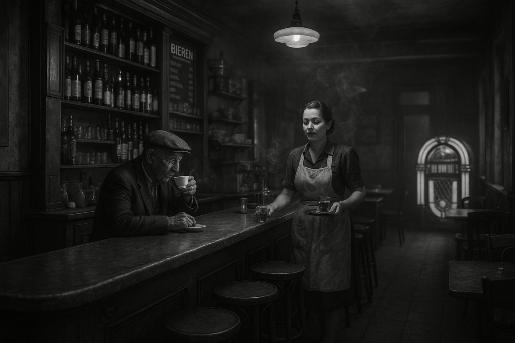 Tenancière servant un café dans un estaminet belge, ambiance vintage en noir et blanc