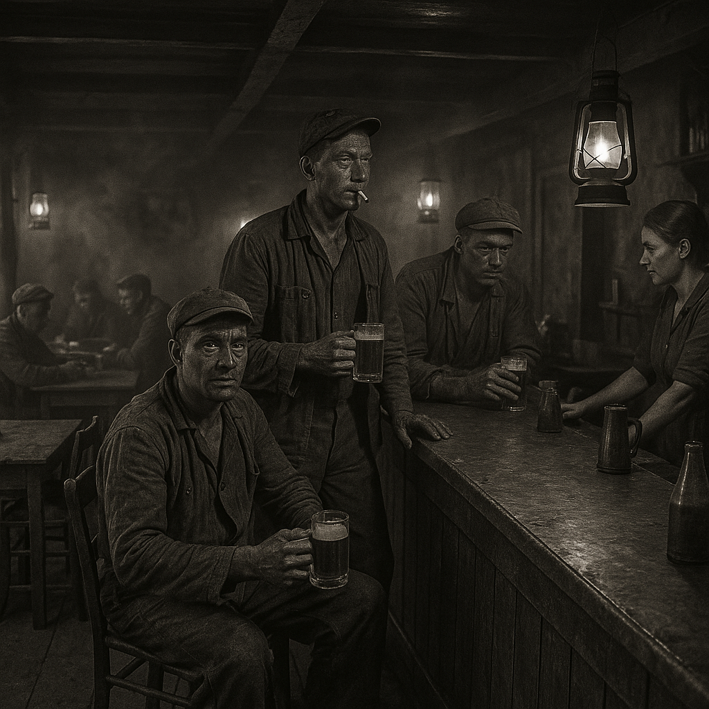 Ouvriers dans un café populaire belge, ambiance sombre et fraternelle du début du XXe siècle
