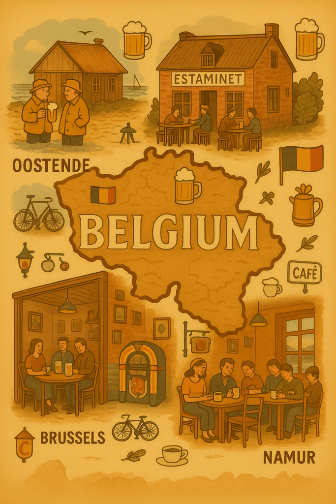 Carte illustrée de la Belgique des cafés : Ostende, Namur, Bruxelles et estaminet flamand