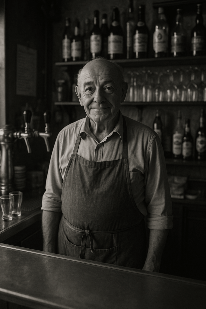 Portrait en noir et blanc d’un tenancier de café belge, sourire discret derrière le comptoir