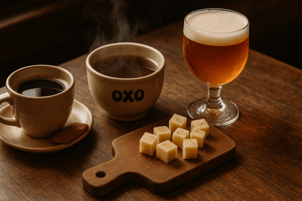 Café noir, bouillon fumant, bière blonde et dés de fromage sur table en bois