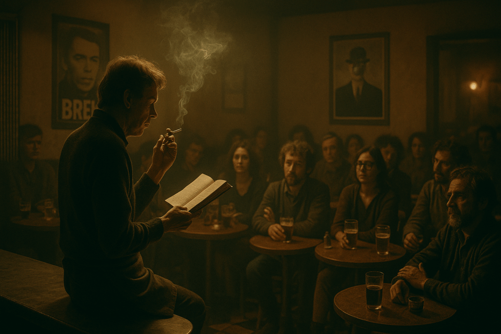Lecture publique dans un café belge, ambiance feutrée, public attentif, fumée de cigarette et verres de bière sur les tables